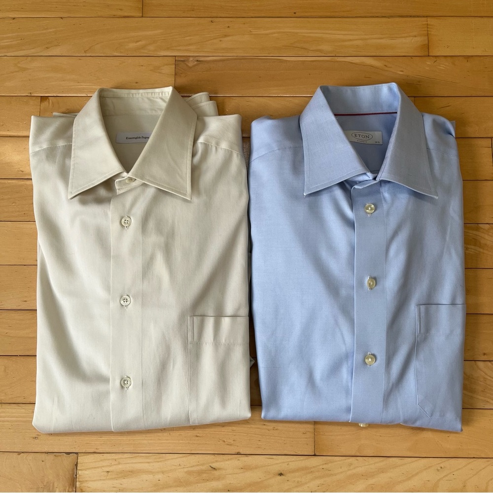 Lot of 2 Men's Cream Blue Dress Shirts Button Up Eton Ermenegildo size 42 / 16.5